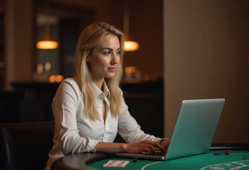 Blond lady writing casino reviews