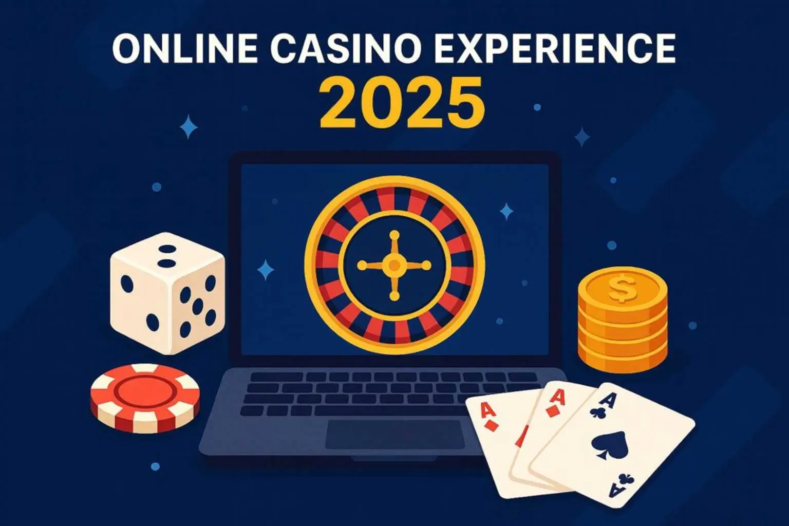 Illustration of a laptop with a roulette wheel, poker chips, dice, playing cards, and gold coins representing the online casino experience in 2025