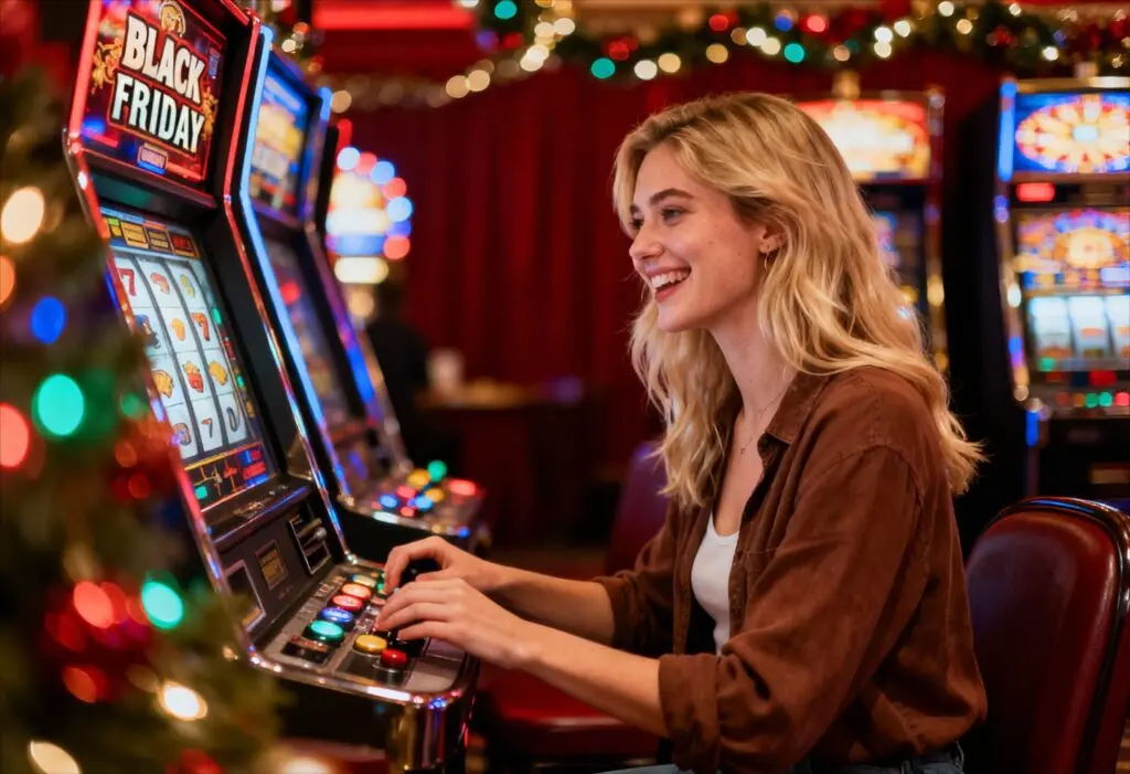 Blonde woman playing slots on Black Friday