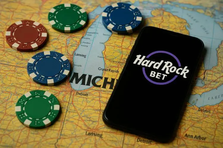 Smartphone showing the Hard Rock Bet logo on a Michigan map with casino chips, representing the sportsbook and online casino launch in the state. If you'd like alternative versions (more casino-focused, more sportsbook-focused, shorter, longer, more keyword-rich), I can generate those too.