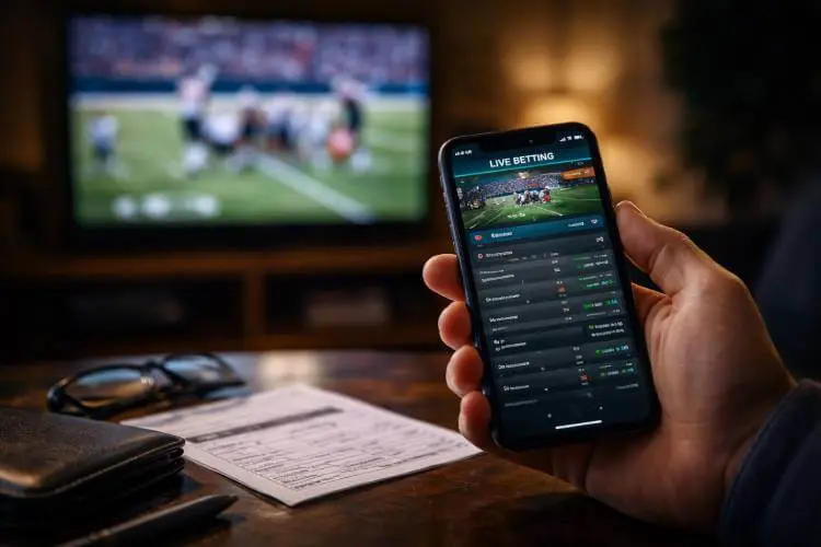 Live sports betting shown on a mobile phone during a game as Illinois sportsbooks face rising costs and tax pressure