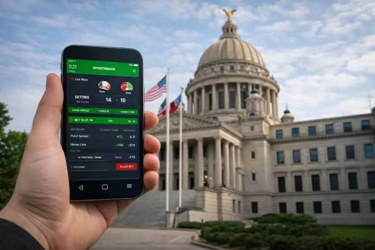 Person holding a smartphone with a generic sports betting interface in front of the Mississippi State Capitol as lawmakers consider mobile betting in 2026