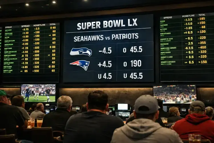 Sportsbook betting boards displaying Super Bowl betting odds with bettors viewing the screens.